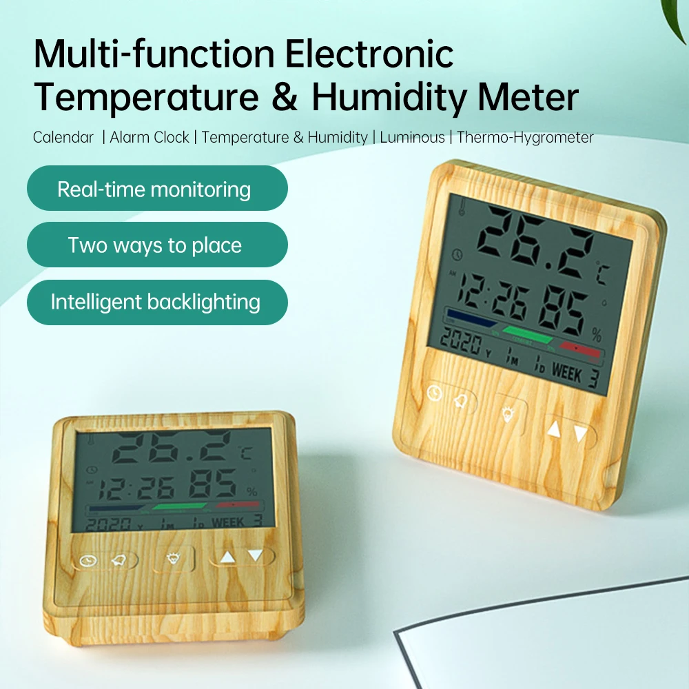 

Wood Grain Temperature Humidity Meter Multifunctional Alarm Clock Calendar Indoor Electronic Thermometer With Backlight -50~70℃