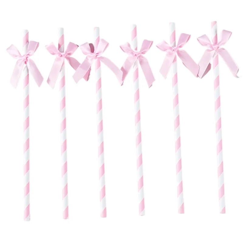 16pcs Pink Striped Bow Paper Straws | Disposable Drinking Straws for Birthday, Wedding, Baby Shower Party Decorations