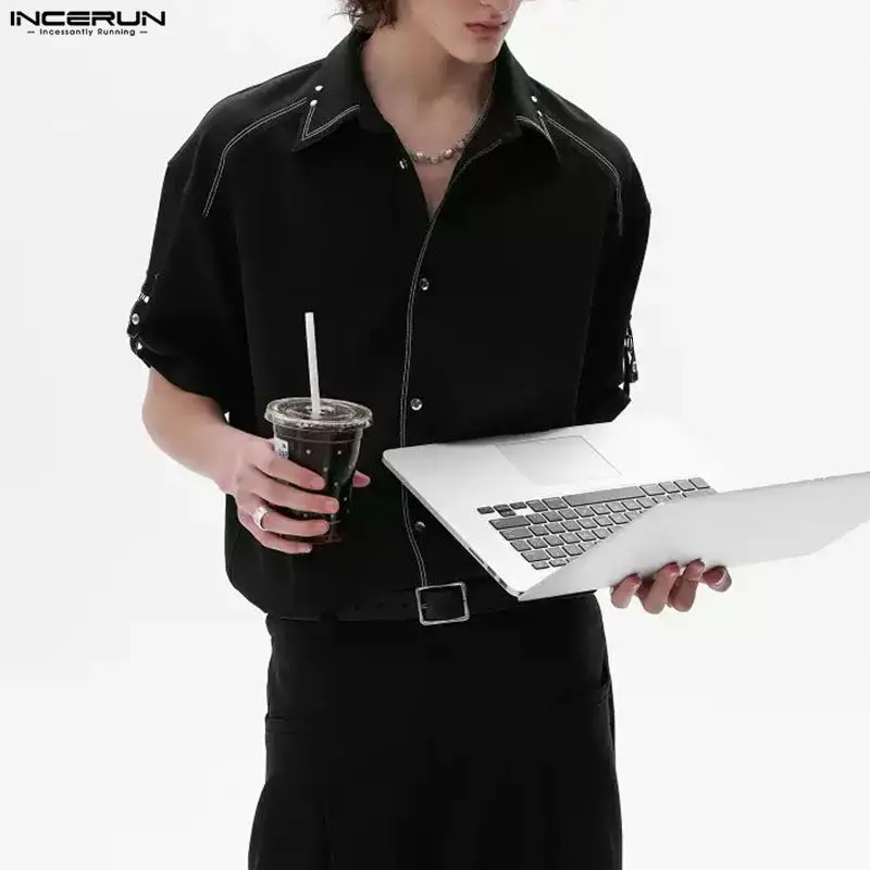 

INCERUN Мужская рубашка в стиле пэчворк с лацканами и коротким рукавом, свободная мужская одежда, уличная одежда, модные повседневные топы в корейском стиле, мужские рубашки