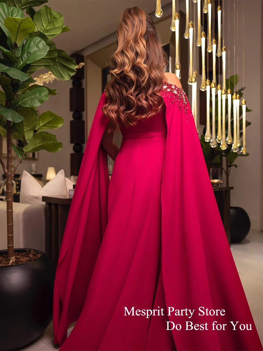 New Arrival 2024 Evening Dress with Cape Luxury Beading Sequined A Line Foor Length Fuchsia Prom Dresses Saudi Arbic Party Gown