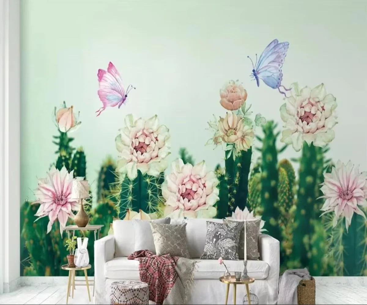 Customized Size Mural Cactus Photo Wallpaper Children's Room Desert Plants Flowers Succulent Wall Stickers Cactus Leaf Flower