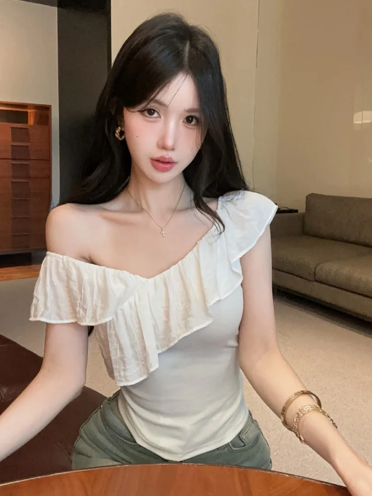 

Fashionable Spicy Girl Style Short Sleeve One Shoulder T-Shirt Women's Summer New Slimming Age-Defying Top with Lace Trim