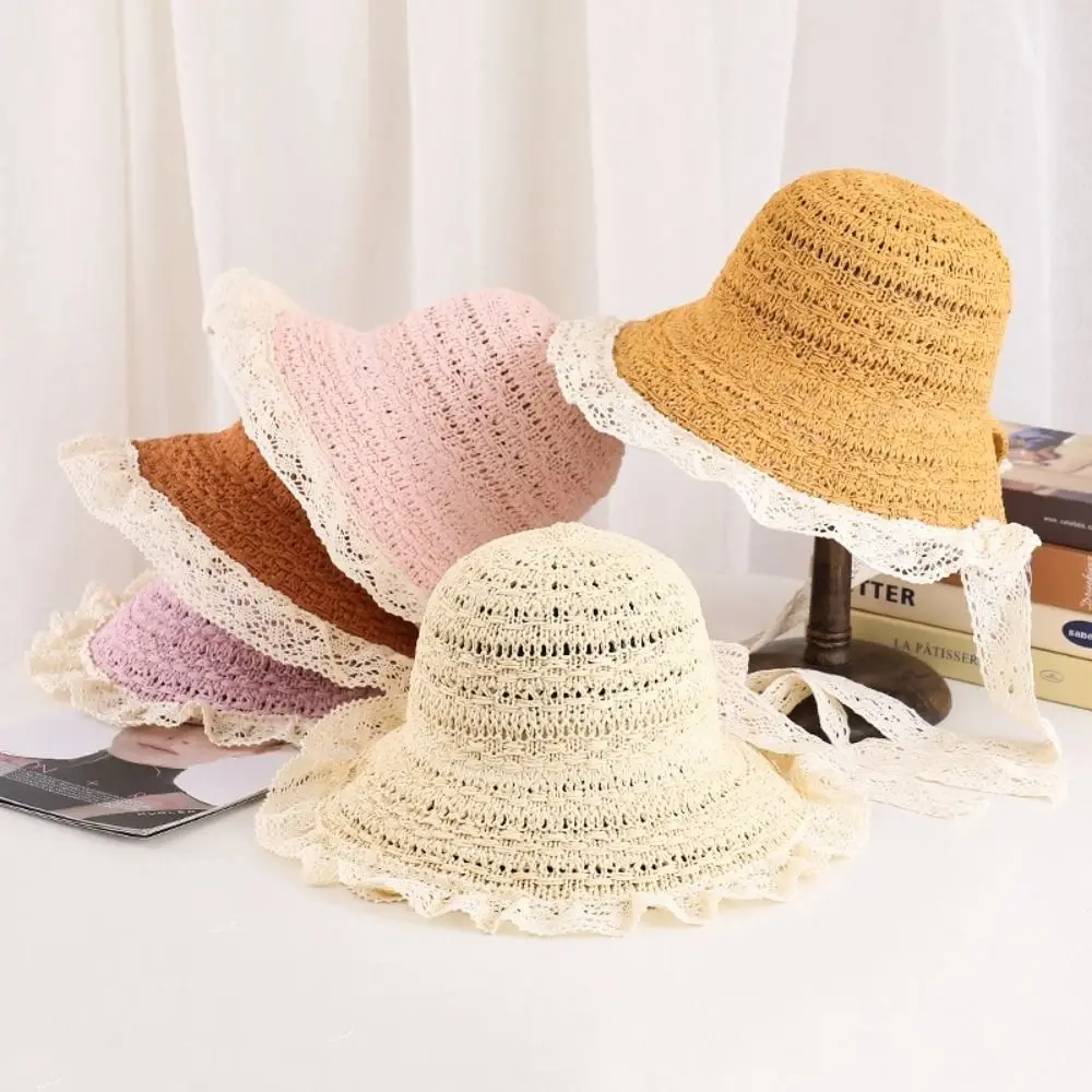 

Fashion Breathable Sun Hat UV Protection Lace Hollowed Out Bow Beach Hat Wide Brim Portable Straw Cap Beach