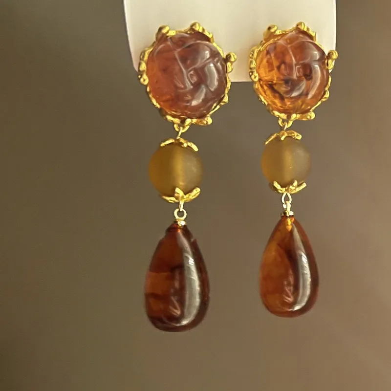 خمر زهرة بنية هندسية انخفاض الأقراط المستديرة للنساء الاكريليك الأقراط الخشبية استرخى مجوهرات الأذن العرقية Pendientes Mujer #5