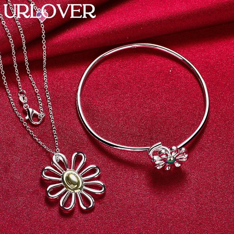 

URLOVER 2pcs/lot 925 Sterling Silver Sunflower Pendant Necklace Bangles Sets For Woman Party Birthday Wedding Fashion Jewelry