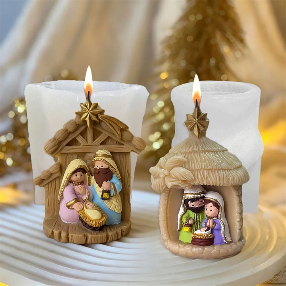 Nativity Scene Candle Silicone Mold DIY 3D Jesus Family Epoxy Candle Making Scented Plaster Religious Art Craft Tool Home Decor