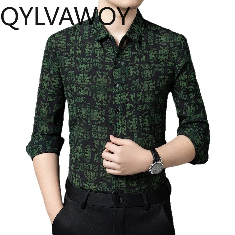 

QYLVAWOY 92.5% Mulberry Silk Men's Shirts Clothes for Man Stylish Spring Autumn Shirts Long Sleeves Retro Tops High-end Casual