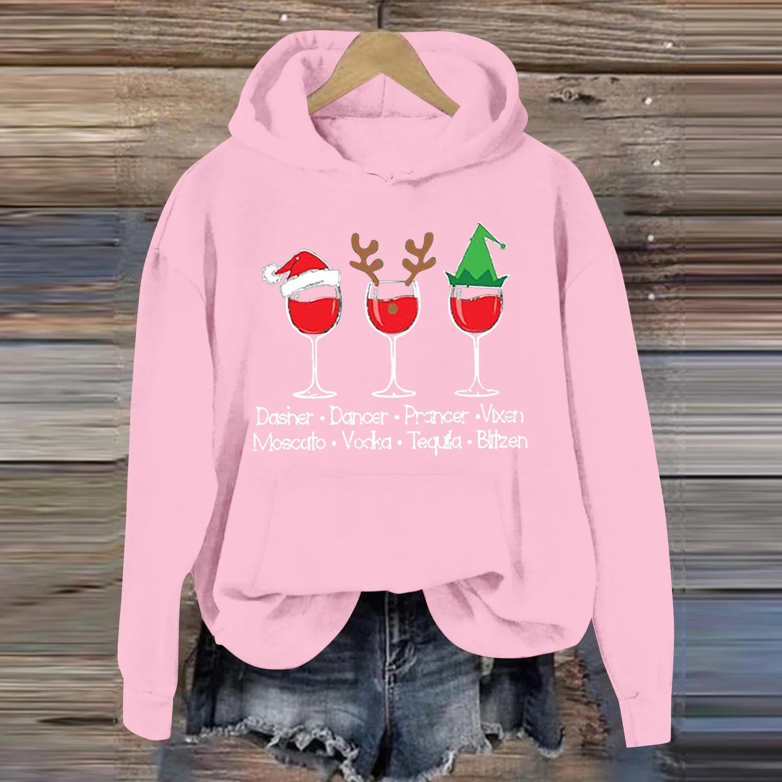 Women's Long Sleeved Zipperless Front Dasher Dancer Prancer Vixen Womens Sweatshirt Drawstring Sweatshirt Blank