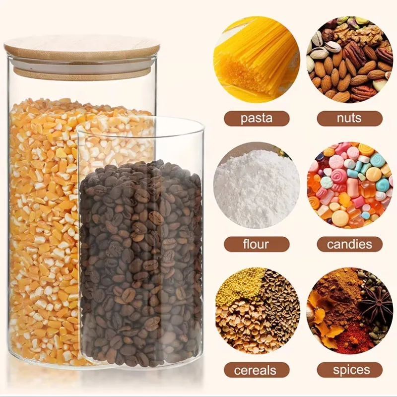 Home 10oz Airtight Glass Jar Bamboo Lid Spoon Kitchen Jar Coffee Jelly Bean Tea Spice Storage Bamboo Rack