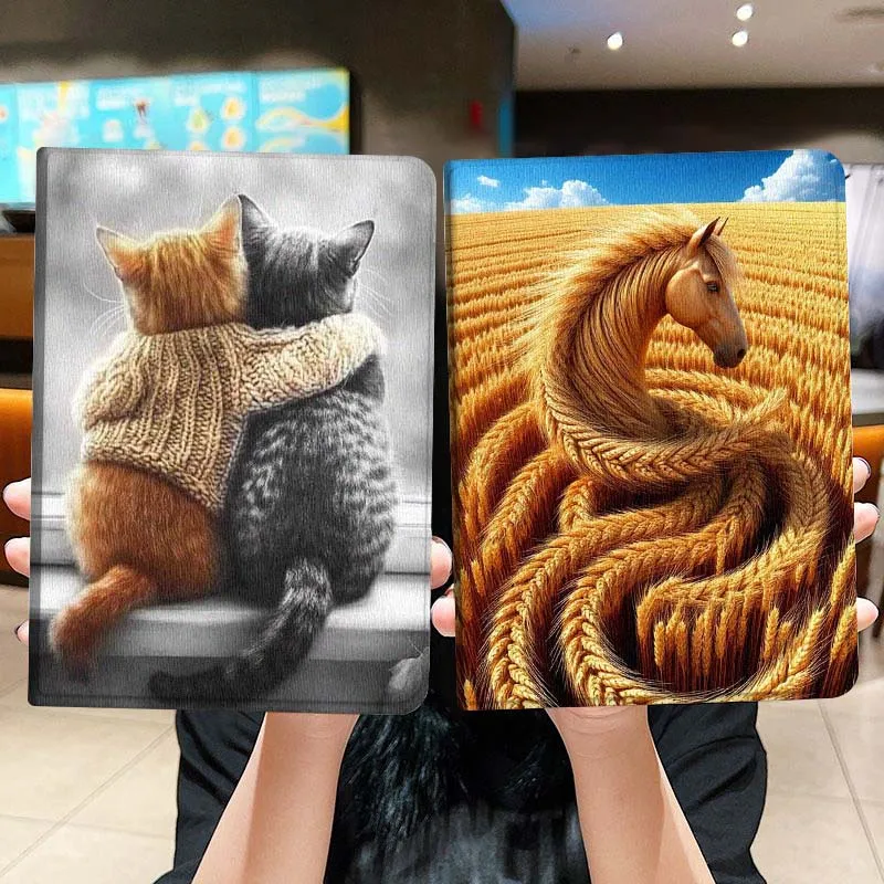 

Cat Horse Art Popular For iPad Pro Air Mini 2 3 4 5 6 7 6th 7th 10th 11th 10.2 9.7 10.5 11 Foldable Tablet Case Gift