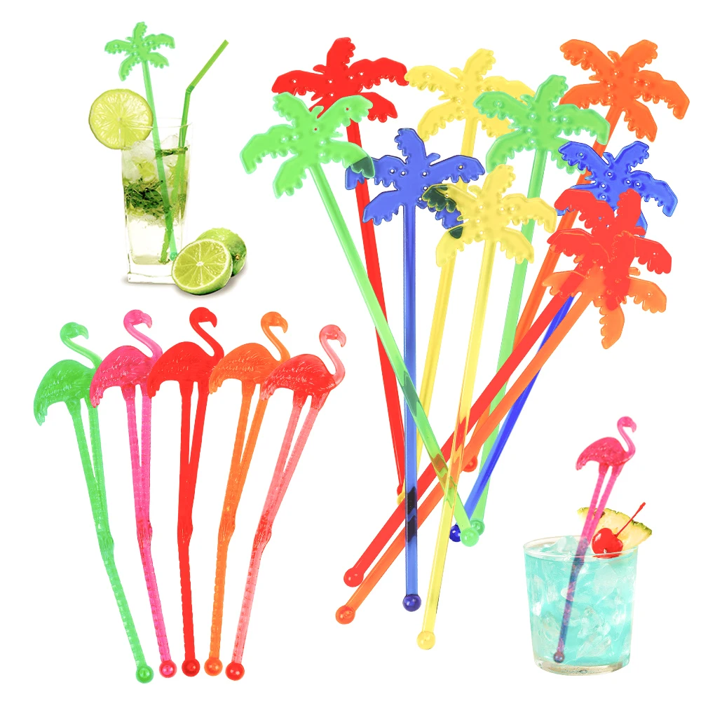 25Pc Coconut Tree Flamingo Cocktail Swizzle Sticks Bar Juice Drink Stirrers Picks for Wedding Birthday Summer Hawaii Party Decor