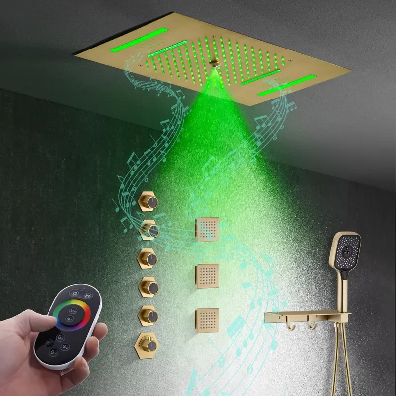 NEW 5 Functions Bathroom Shower Faucet Brush Gold 64 Color Wall Mounted Thermostatic Shower Set With Music