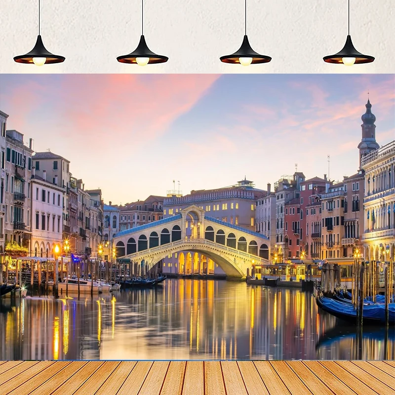 Fondo fotográfico nocturno de Venecia, Italia, puente Rialto colorido y canal Garde, decoración de pared, póster decorativo