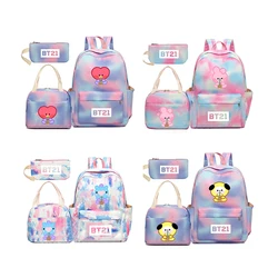 3Pcs/set Cartoon Bt21 School Bag Canvas Handbag Pencil Case Student Stationery Storage Bag Boy Girl Backpack Christmas Present