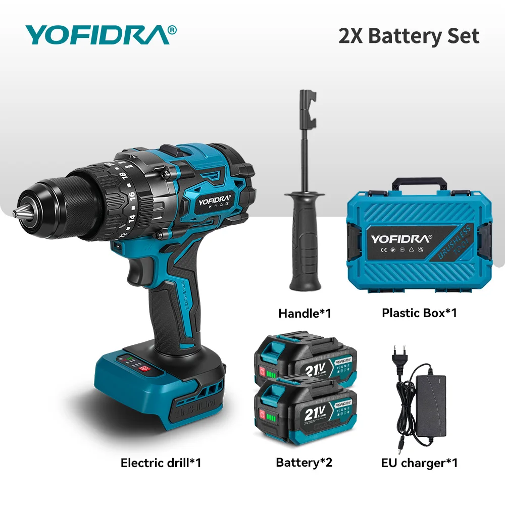 YOFIDRA 900N.M 13MM Bürstenloser Elektro-Schlagbohrschrauber 20+3 Drehmomentstufen Handbohrmaschine Schraubendreher Elektrowerkzeug für Makita-Akku