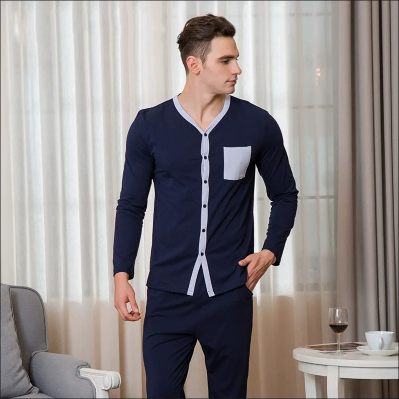 

Весенне-осенние мужские повседневные пижамные комплекты: мягкая хлопковая одежда для сна, мужской костюм с длинным рукавом, V-образным вырезом, кардиган-рубашка и брюки