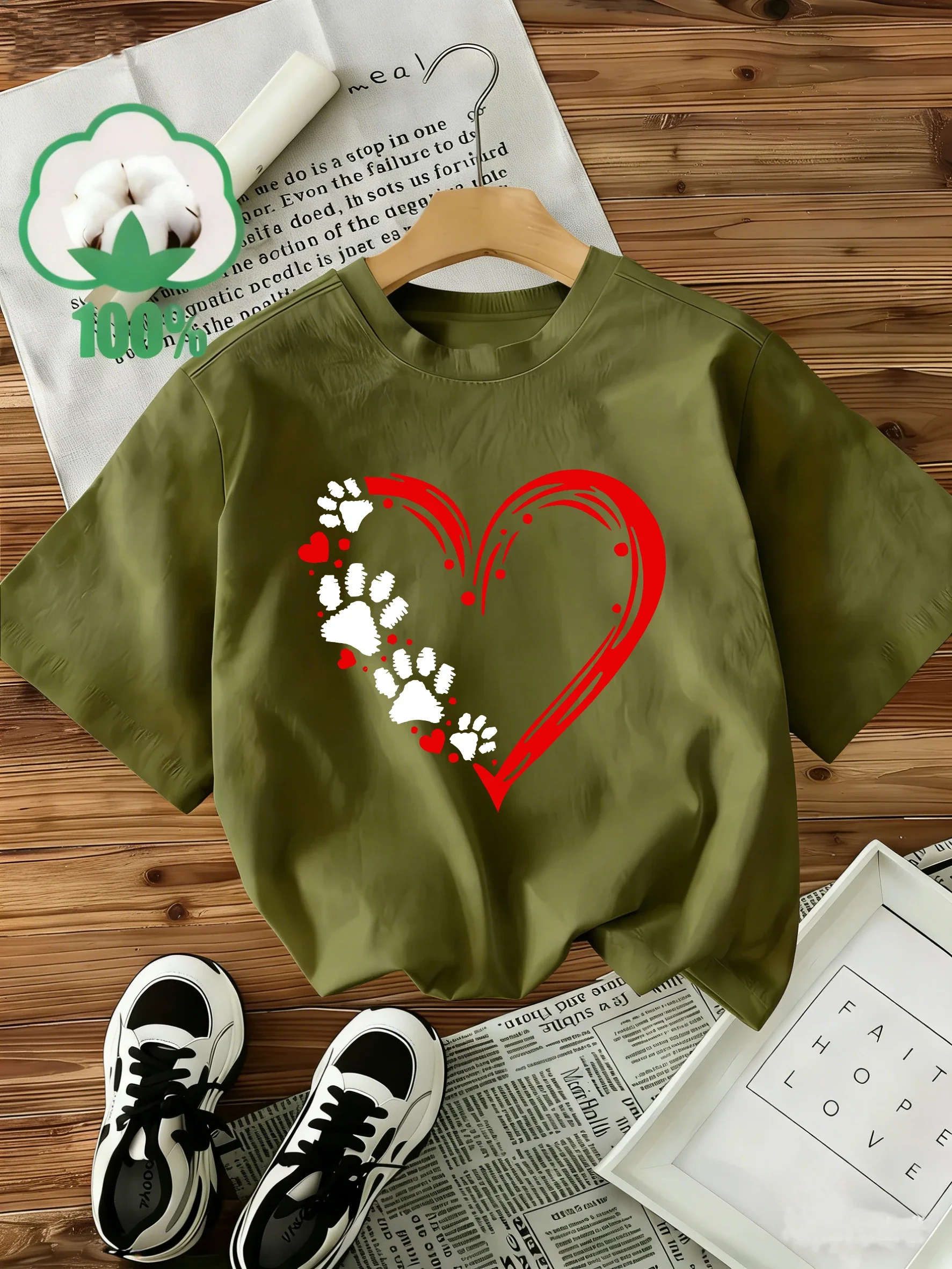 Cute Cotton T-Shirt Graphic Dog Paw with Love Heart Short Sleeve Crew Neck Top Shirt Casual for Women Men Kids