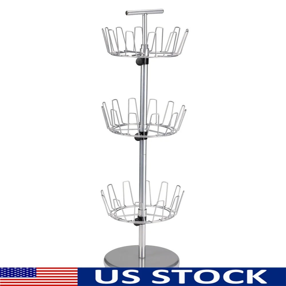 

3-Tier Shoe Storage Rack Space-Saving Silver Shoe Tree Holds 18 Pairs Revolving Design Indoor Use Easy Assembly