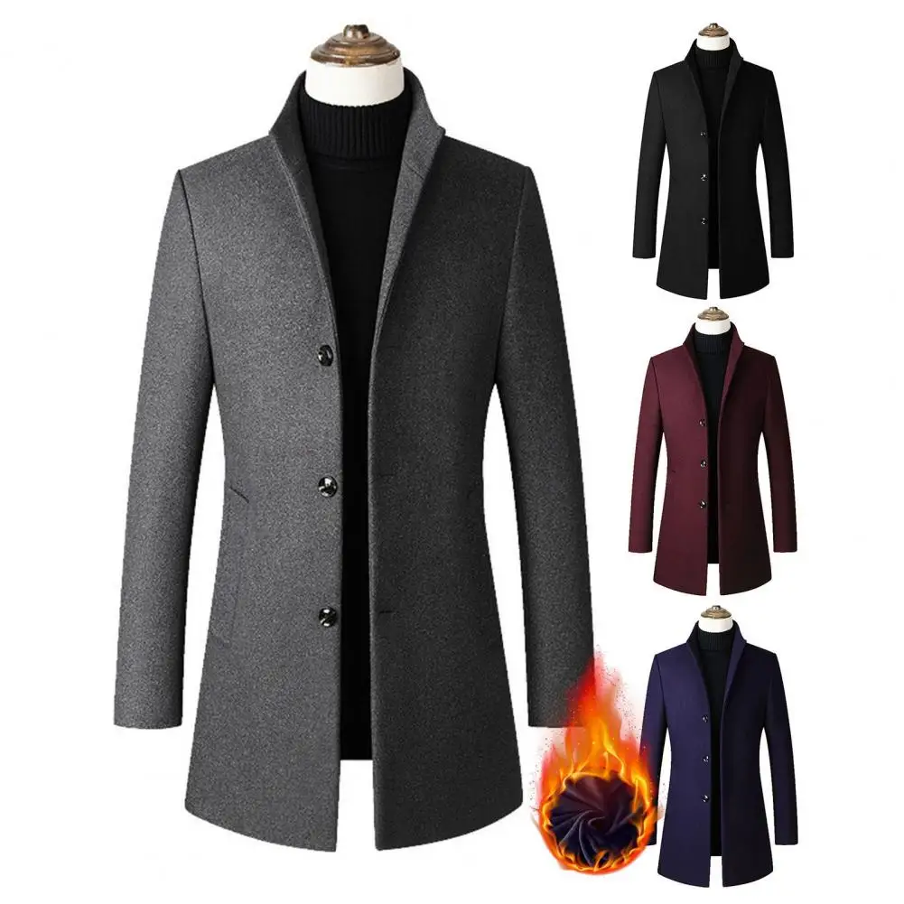 Men Windbreaker Stand-up Collar Woolen Coat Stylish Men's Winter Coats Retro Button-breasted Jackets with Large for Outdoor