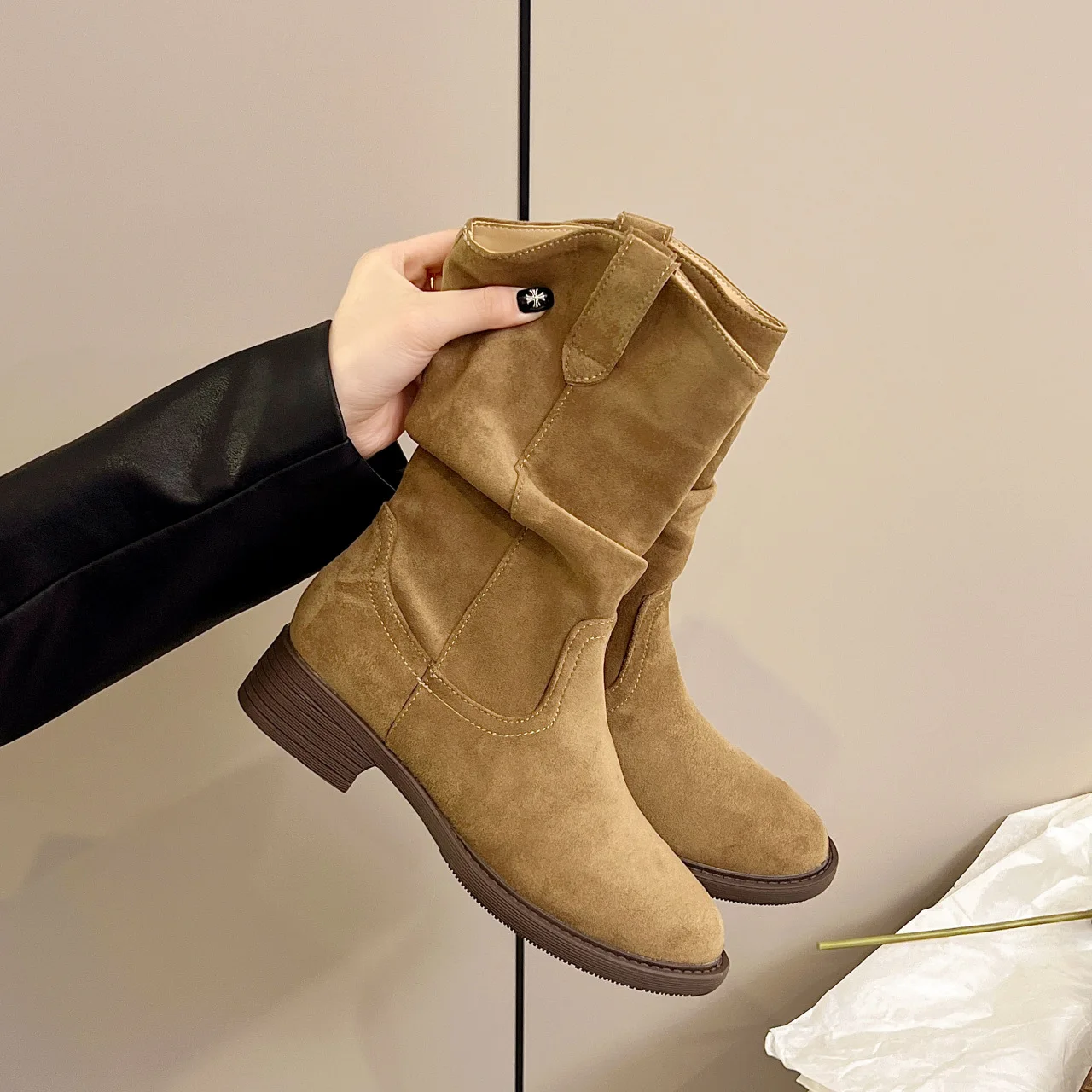 

Женские ботинки с нагромождением, весна-осень 2021, новое издание, ковбойские сапоги Maillard в стиле вестерн, одинарные сапоги, средние сапоги