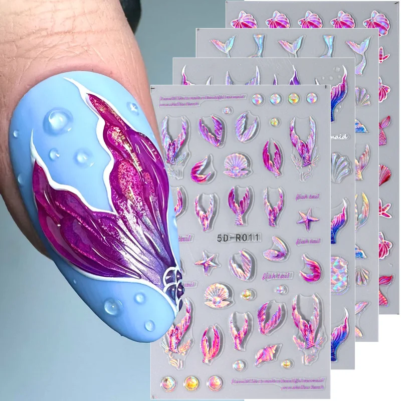 5D Shiny Mermaid Tail Nail Stickers Dreamy Bubble Sea Shell Star Ocean Wave Designs Aurora Embossed Decals Summer Nail Art Decor