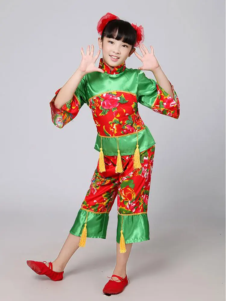 New Year Red Hanfu children\'s Girls Traditional Suit National Younger Style Clothing Fan Yangko Stage Dancing Clothes Costumes