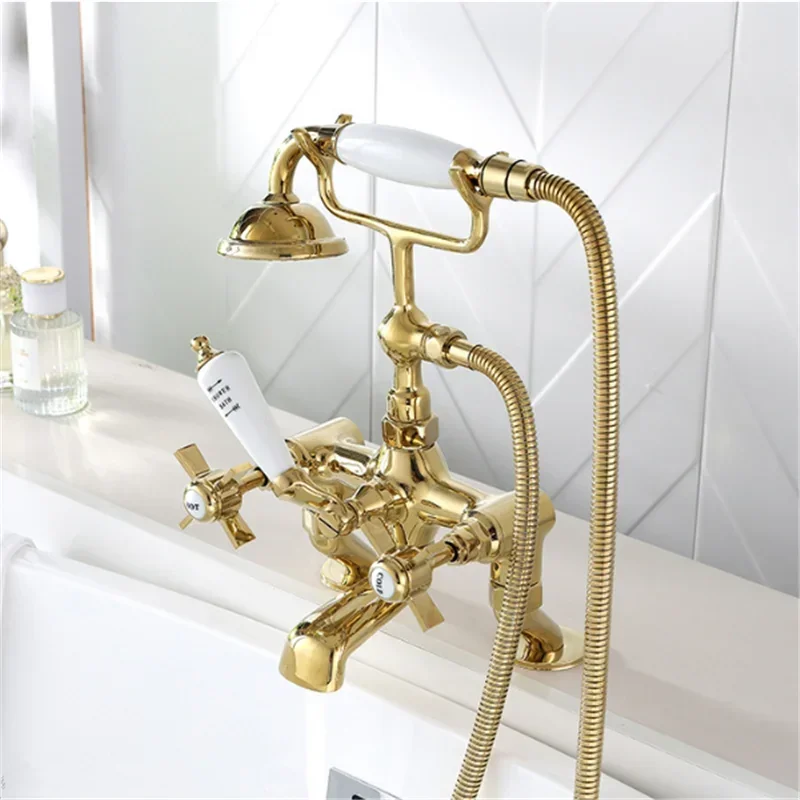 Tuqiu Gold  Bathroom Bathtub Faucet + Handheld Shower Free Standing  Chrome Luxury BathTub Mixer Taps Floor Mounted