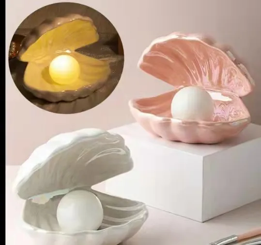 

Nordic Modern Shell LED Night Light Bedroom Study Bedside Ceramic Pearl Lamp Living Room Decorative Desktop Ornaments Floor Lamp
