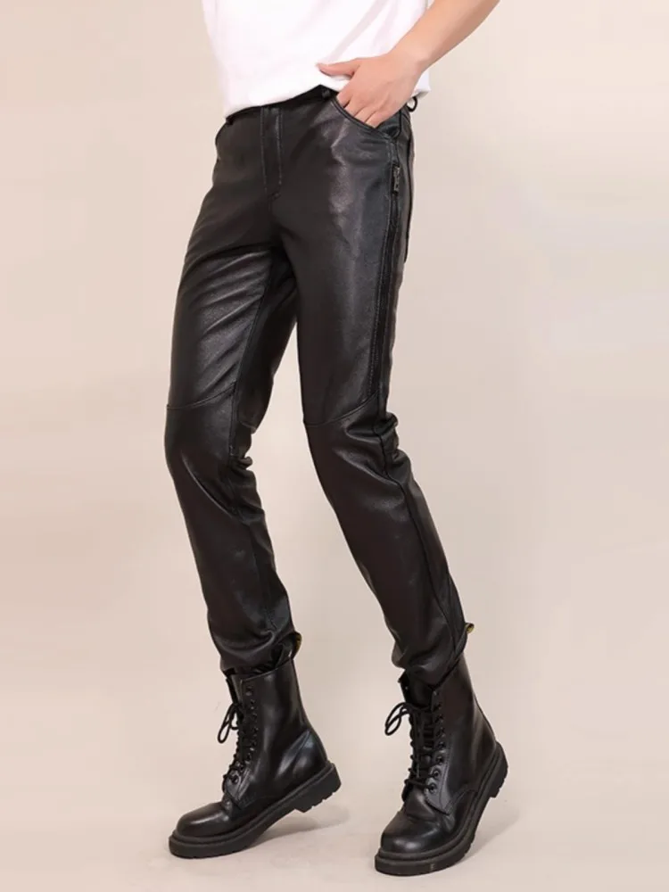 100% Goatskin Autumn Windproof Motorcycle Biker Riding Pants Men Slim Fit Genuine Leather Pencil Pants Side Zipper Long Trousers