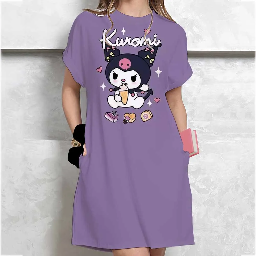 فستان نسائي صيفي تي شيرت كاجوال برقبة دائرية وأكمام قصيرة مطبوع عليه مرحبا كيتي فساتين صغيرة كورية ضيقة