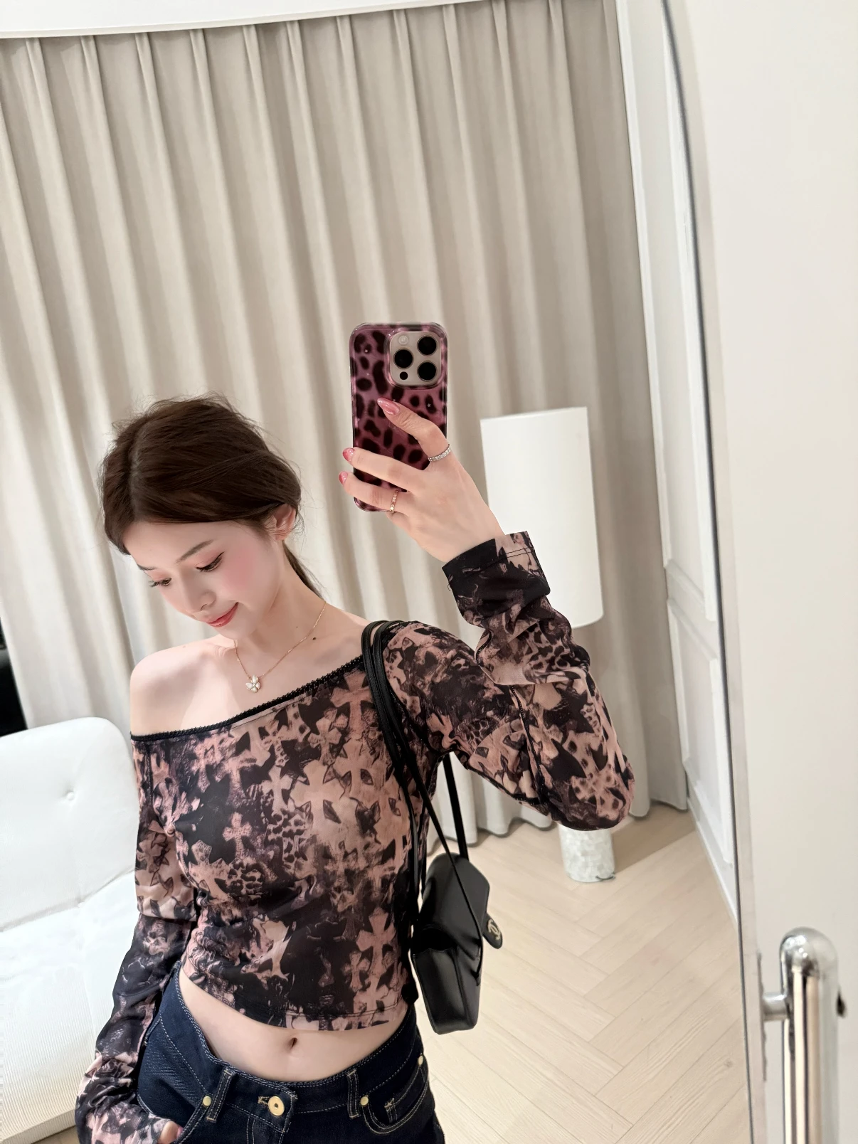 RIZZMA American Maple Leaf Cross Print Mesh One Shoulder Long Sleeve Women Thin Transparent Spicy Short Top Sexy Girl Style