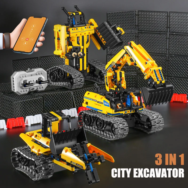 Technical 3 IN 1 City Engineering Car Excavator Bulldozer Transform RC Robot Model Building Blocks Bricks Toys For Children Gift