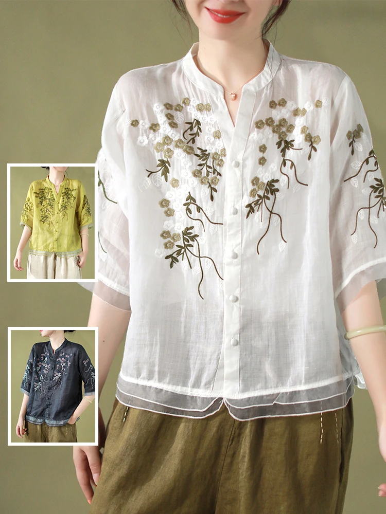 

Высококачественный топ с вышивкой в стиле ретро, женская шелковая блузка большого размера irt V-Ne с пятью точками, повседневная одежда