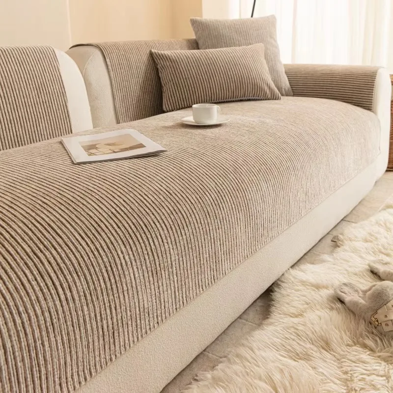 Autumn Winter Warm Stripe Chenille Sofa Cushion Cover, Anti-Cat Scratch Non-Slip Sofa Protector for Living Room