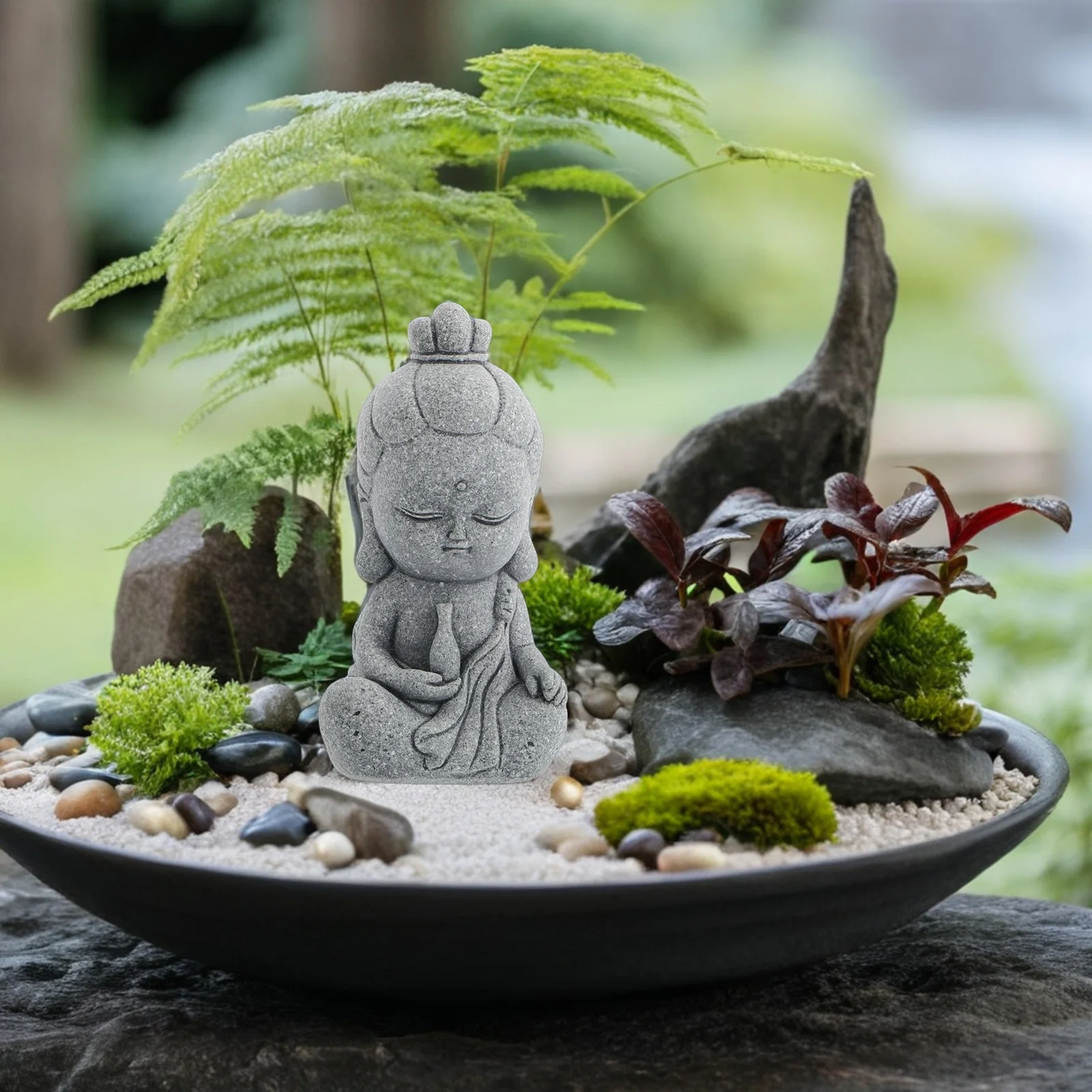 تمثال بوذا صغير رائع من جوان يين مصنوع من الحجر لتزيين حديقة المنزل الداخلي والخارجي وزخرفة أجواء زن المهدئة