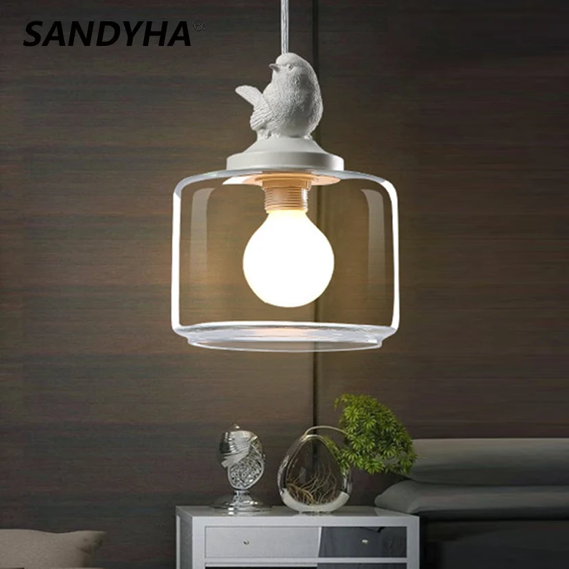 SANDYHA Nordic Single Resin Bird Fly Duck Pendant Lights Round Dome Blown Glass Cover Hanging Lamp Dining Living Room Chandelier