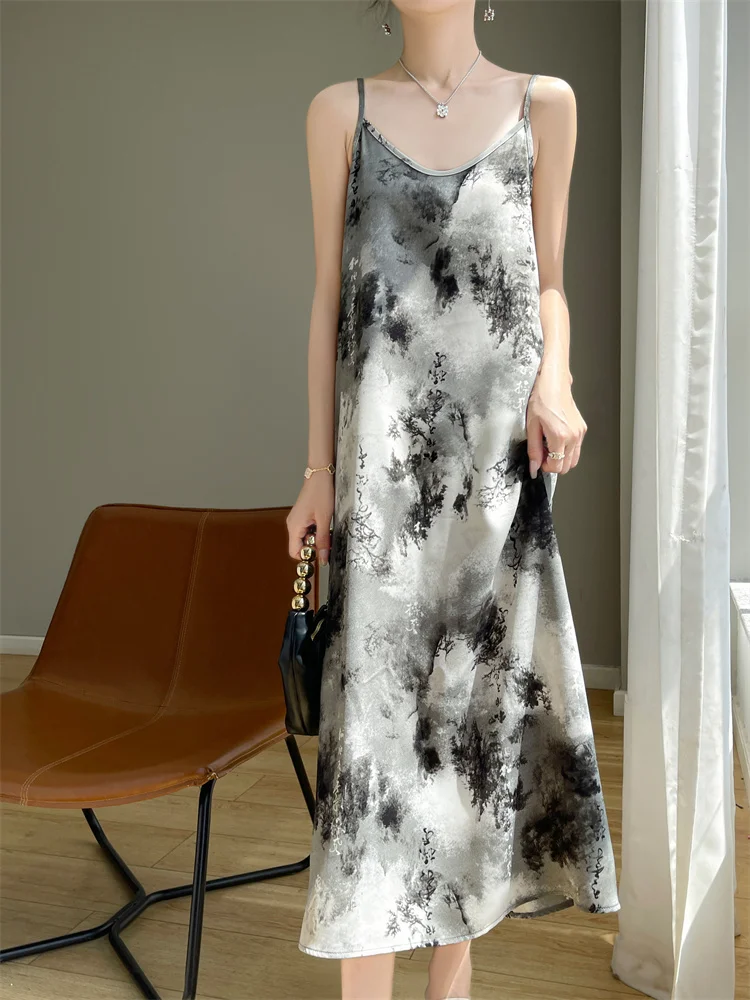 

Summer New Fashionable Chinese Ink Painting Design Silk Smooth Satin Face Women's Slim Fit Hanging Strap Dress