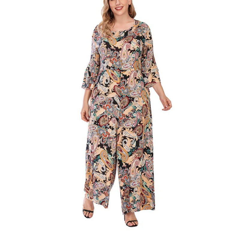 Tinaa Plus Size Jumpsuits Women 2025 Spring Print O-neck Flare Sleeve Lazy Comfortable Wide-leg Pant-hem Casual Overall Jumpsuit