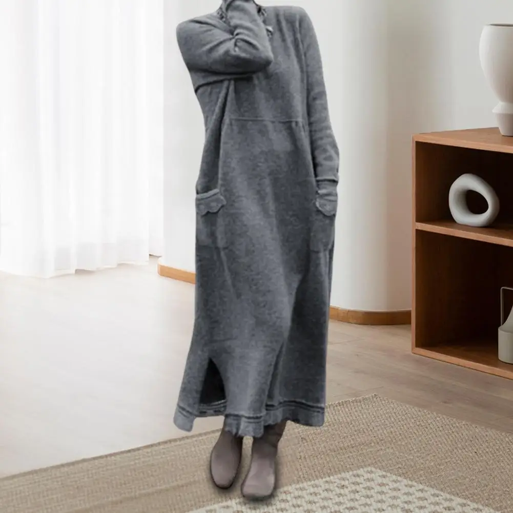 فستان خريفي أنيق مقاس كبير فستان ماكسي مع جيوب مزين بالدانتيل للنساء ملابس خريف وربيع تصميم أنيق بأكمام طويلة وحاشية