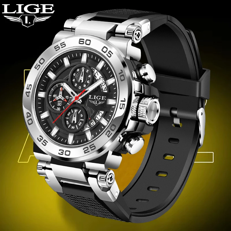 

LIGE Casual Sport Quartz Man Watch Outdoor Fashion Silicone Watches for Men Waterproof Luminous Date Military Wristwatches Reloj