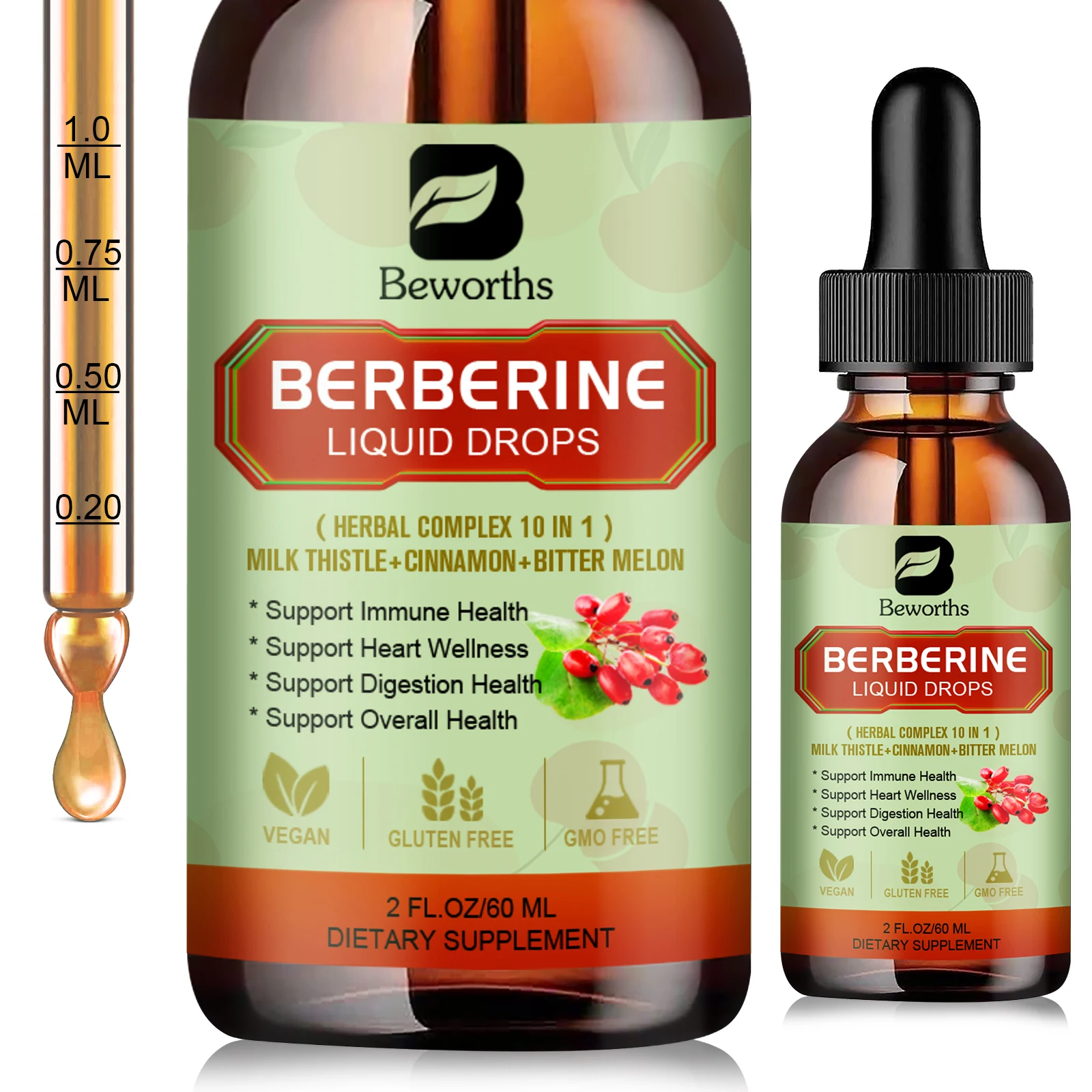 

BEWORTHS Berberine Drops with Ceylon Cinnamon Turmeric Curcumin,Bitter Melon for Digestion System,Immune Health Support