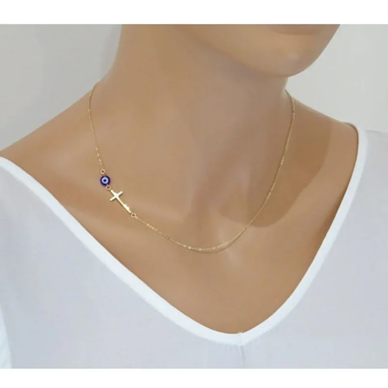 Tiny Evil Eye Simple Sideways Cross Necklace Dainty Pendant  Celebrity Inspired Chain  Bijoux Collar Jewelry