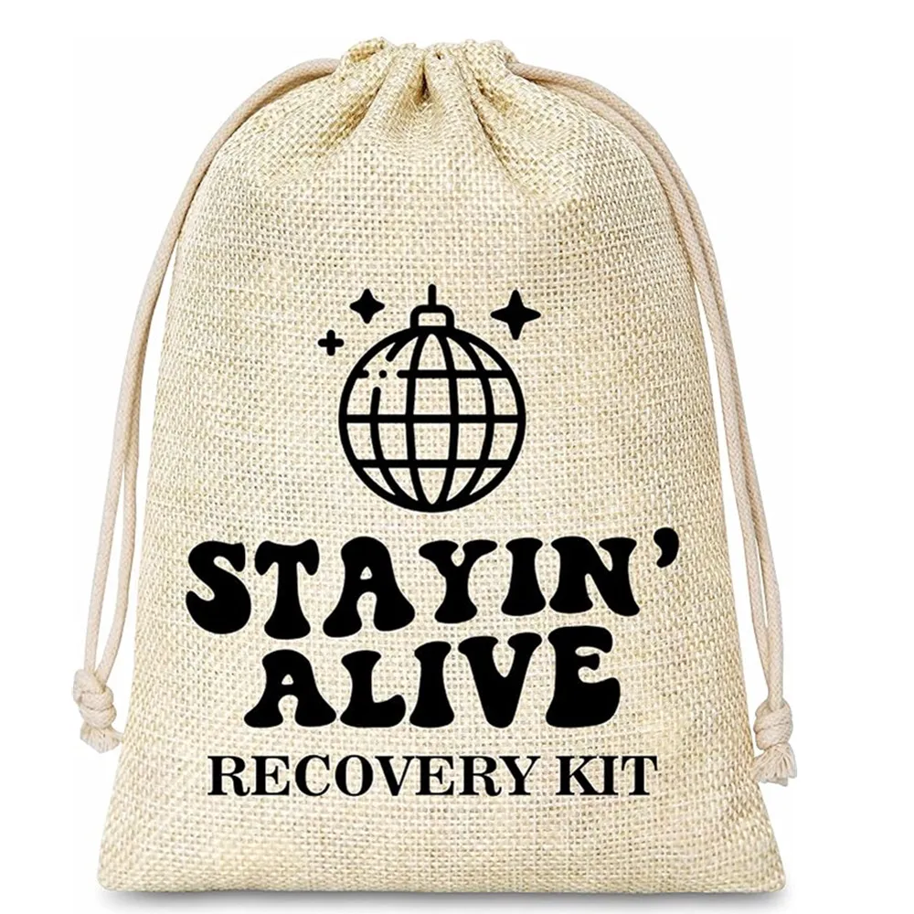 12 Hangover Kit Gift Bags - Survival Recovery Kit - Stayin' Alive Disco Themed Cotton Gift Bags With Drawstring - Wedding