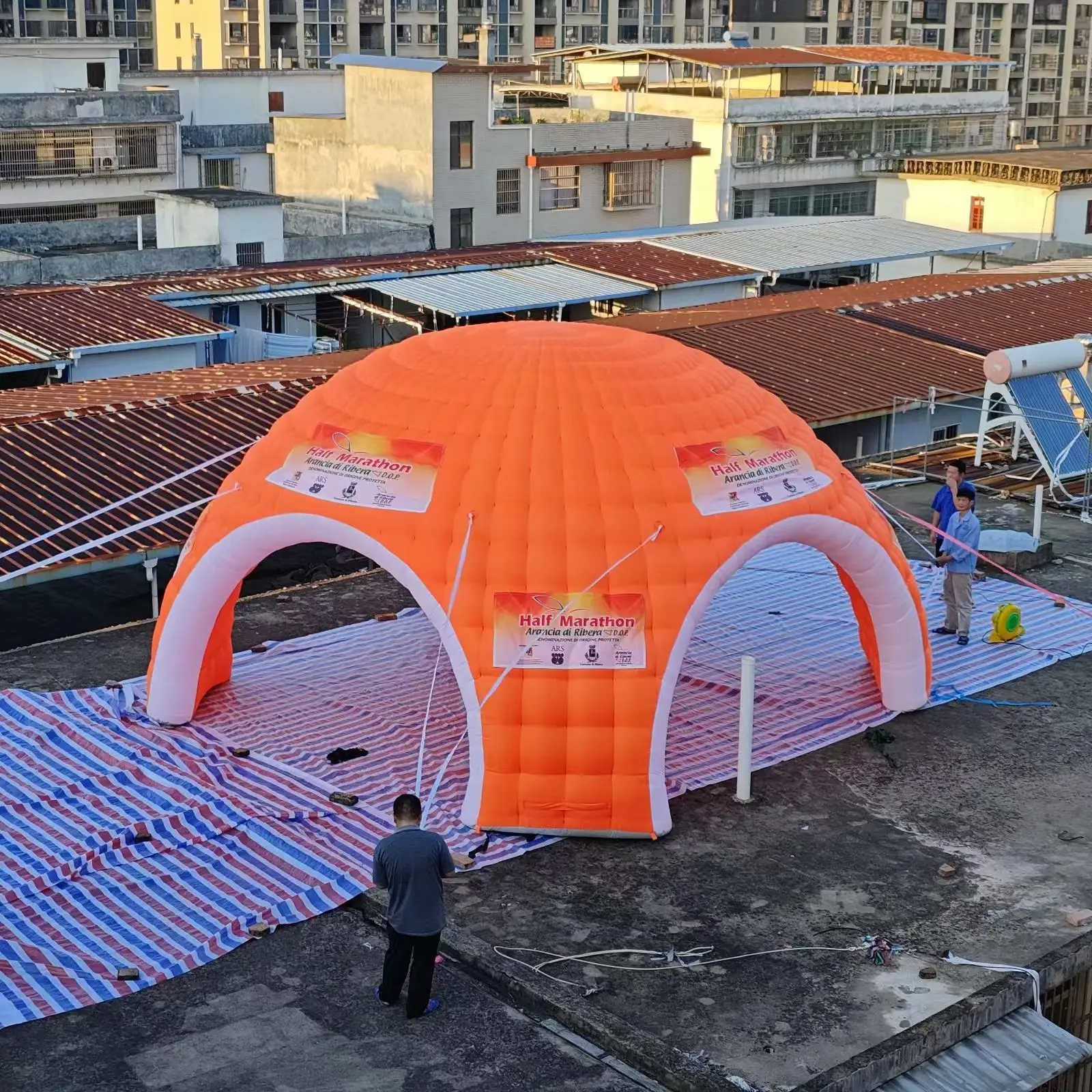 7m diameter orange dome inflatable tent with four doors