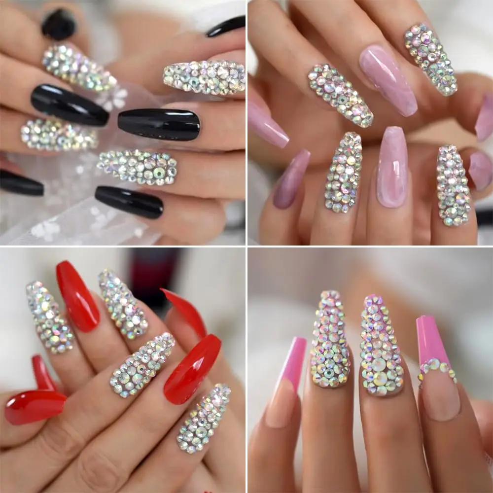 12Grids Clear Aurora Glass Nail Rhinestones +Tweezers Mixed Size Clear Nail Gems Decoration Super Sparkly Diamond Manicure Parts