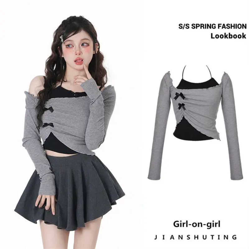 Y2K Grey Two Piece Set Spicy Girl Top Slim Sexy Hotsweet Women Short Shirt Off Shoulder Long Sleeved T-shirt Hanging Neck Bow