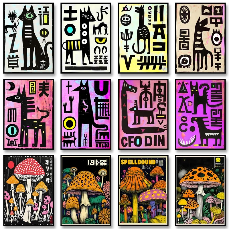 Abstract Magic Mushrooms Psychedelic Wall Art Poster Canvas Painting Hippy Tribal Hieroglyphics Print Picture for Home Decor
