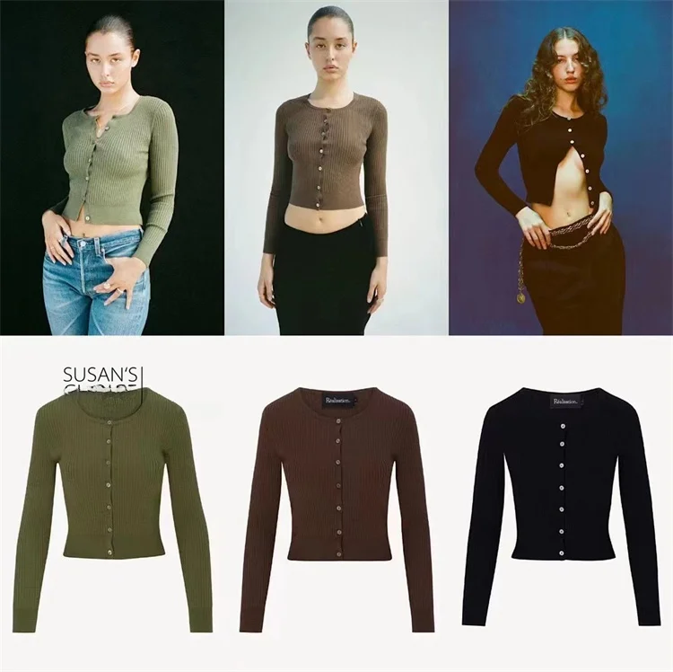 

Susan American Retro Sweet Versatile Knitted Long Sve Tee Color Open Cardigan Top Trendy Commute Sle Pure Color Cotton