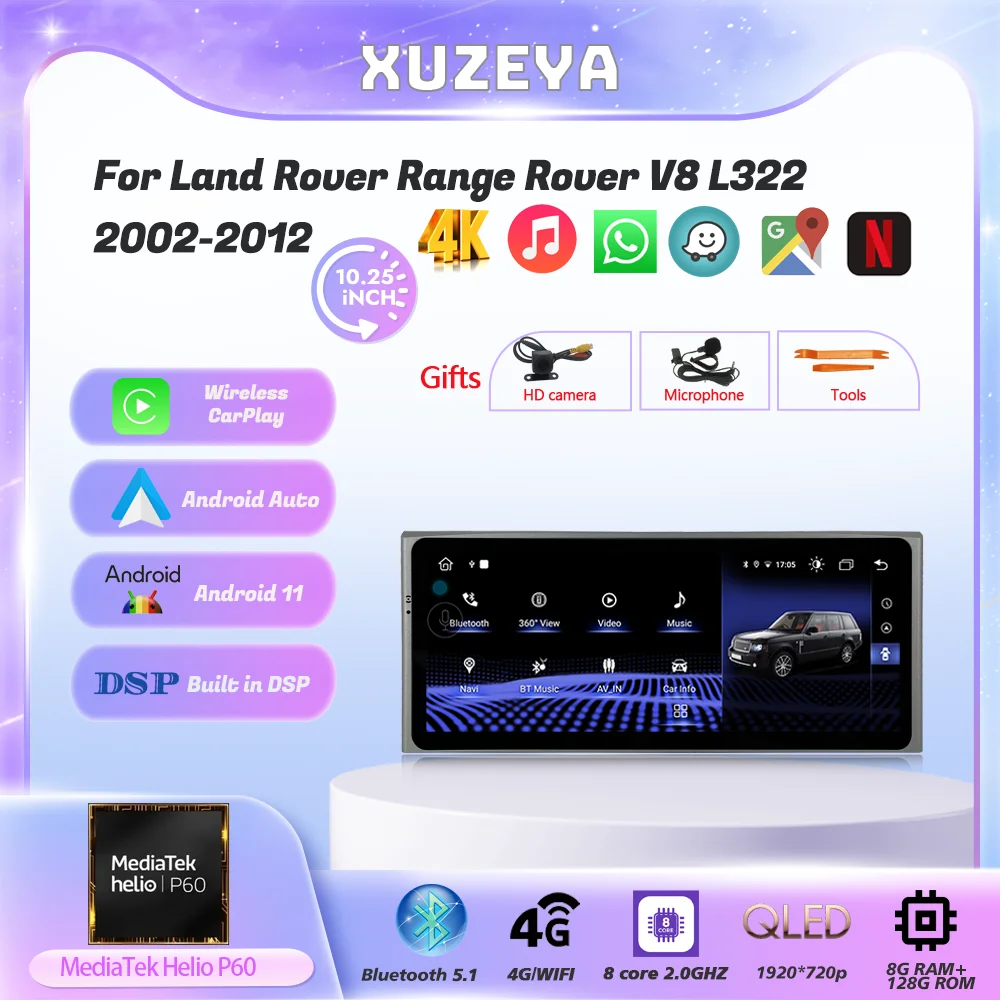 10.25 بوصة Android11 لاند روفر رينج روفر V8 L322 2002-2012 Redio GPS Carplay 5G الملاحة HD جاء مشغل وسائط متعددة