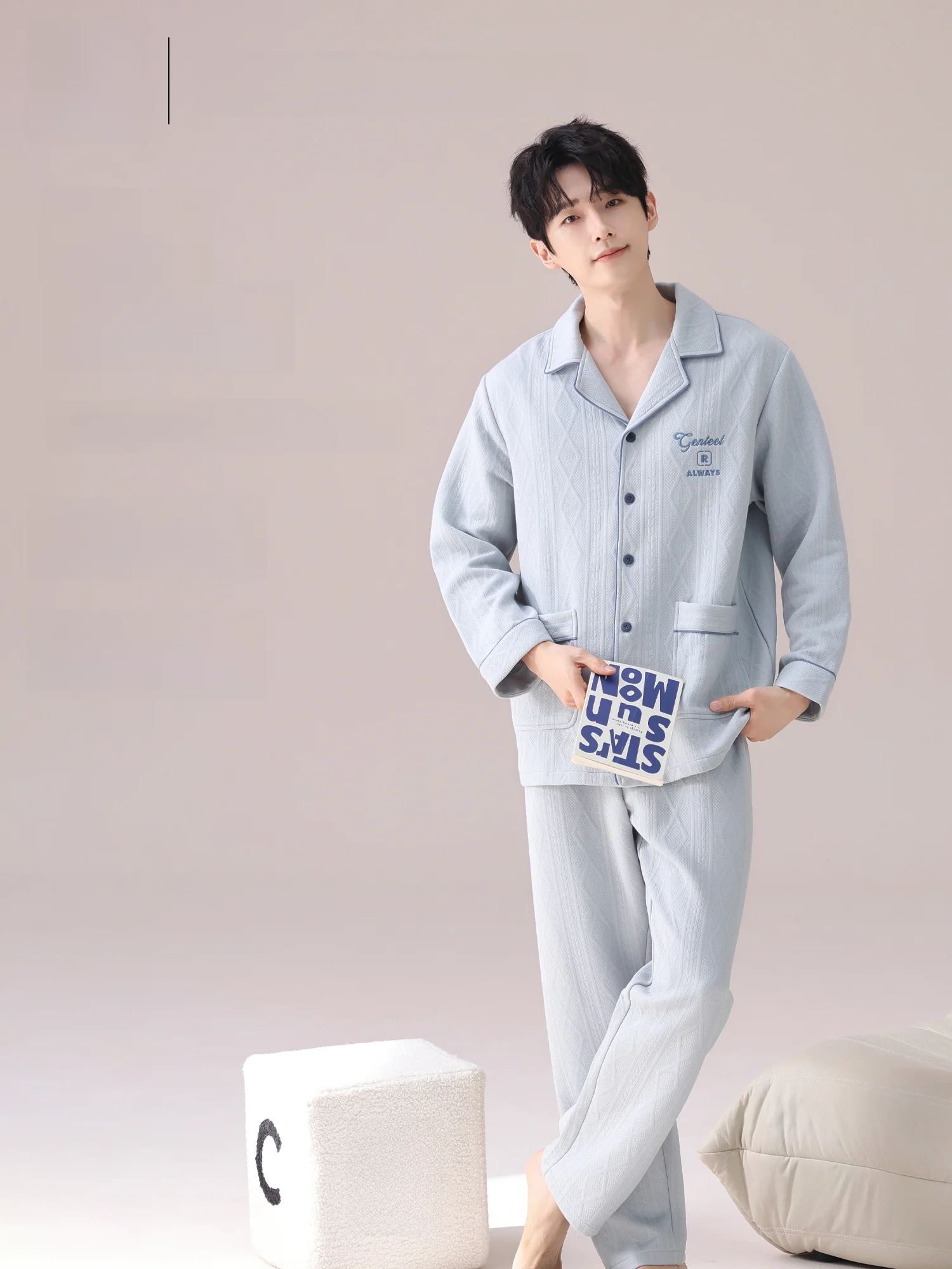 Thickened Three-Layer Home Clothes Set for Men  Man Sleepwear Cotton Polyester Fiber Long Sleeve Loose Fit Home Outwear